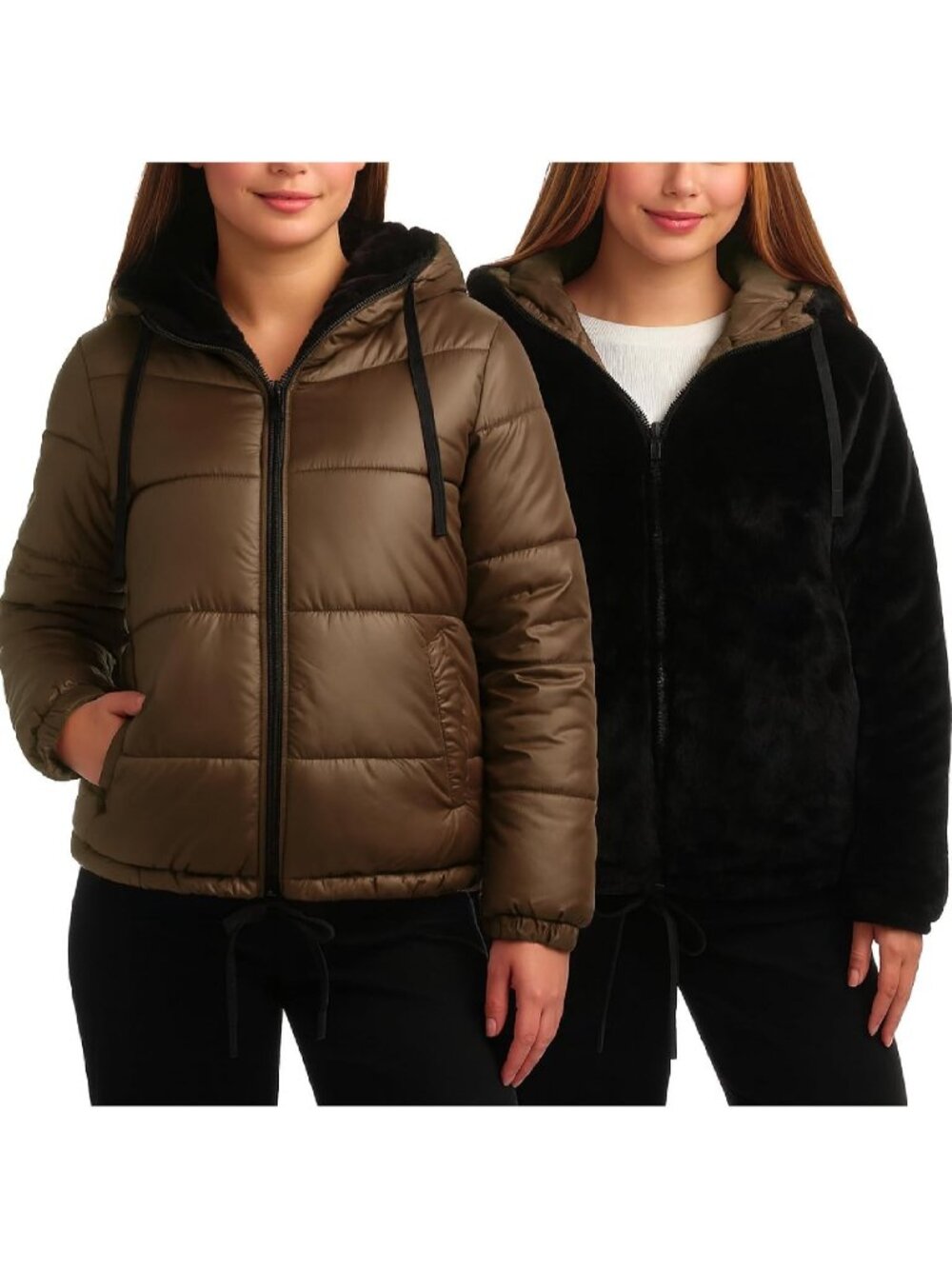 Steve Madden Women's Olive Reversible Quilted Puffer Faux Fur Lined Jackets